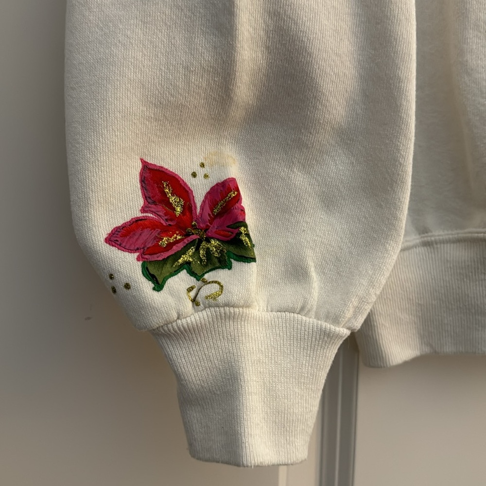 Vintage Poinsettia Christmas Red Green Gold Glitter Crew Sweatshirt M 🎄 - Picture 6 of 14